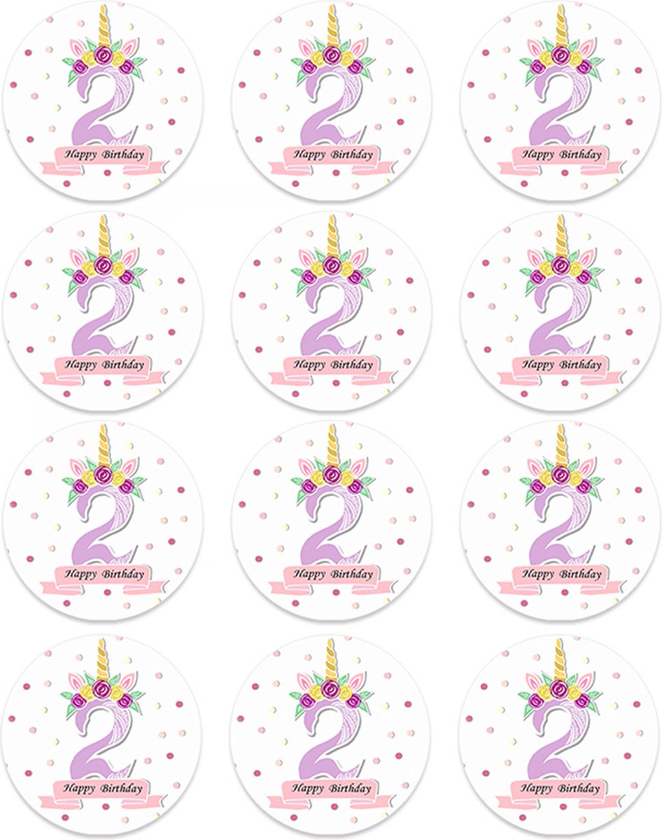 DW4Trading Sticker Happy Birthday Eenhoorn 2 Jaar - Ø 4,5 cm - 12 Stuks - Paars