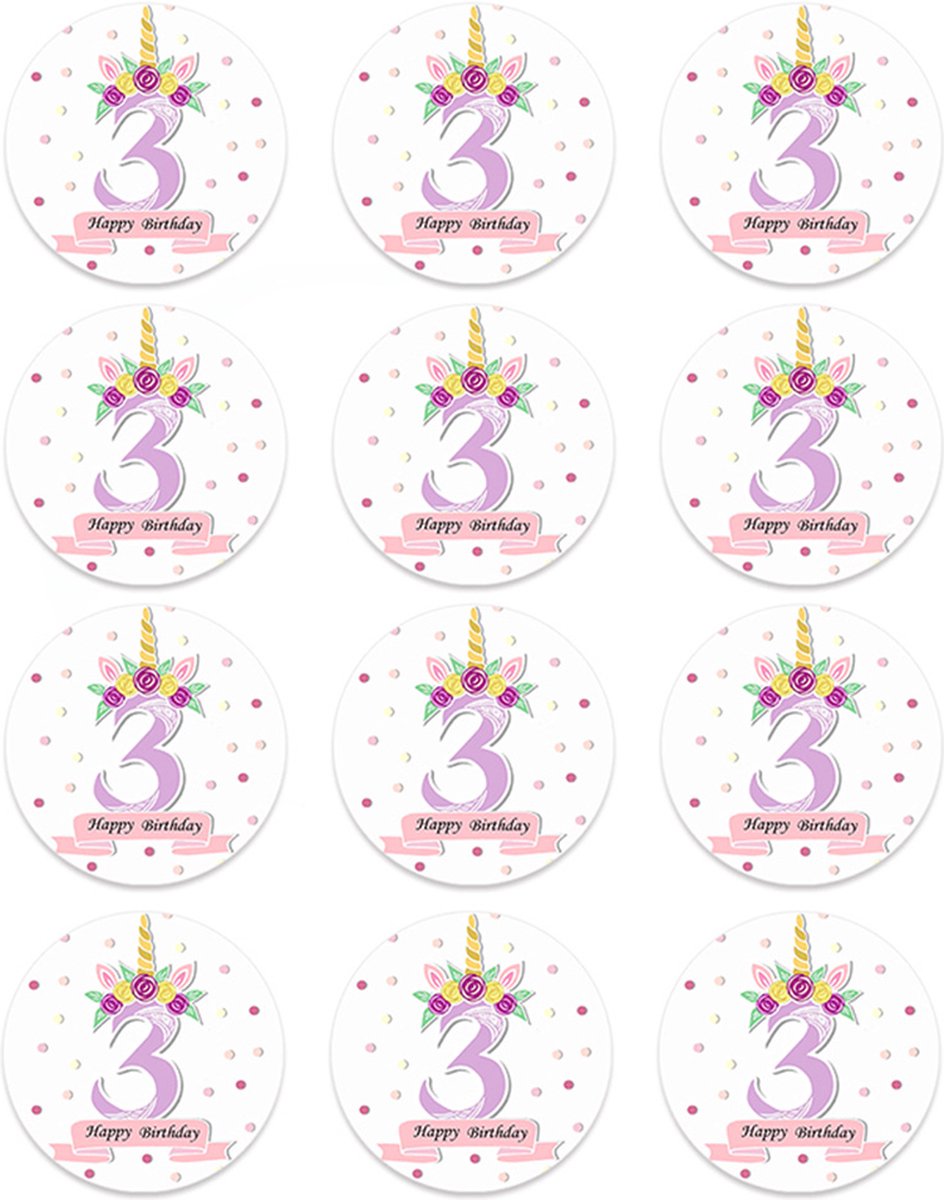 DW4Trading Sticker Happy Birthday Eenhoorn 3 Jaar - Ø 4,5 cm - 12 Stuks - Paars