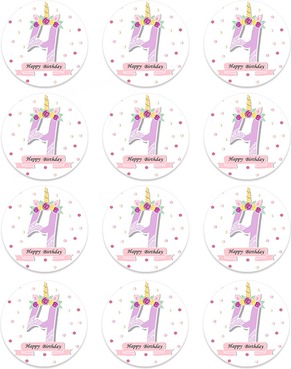 DW4Trading Sticker Happy Birthday Eenhoorn 4 Jaar - Ø 4,5 cm - 12 Stuks - Paars