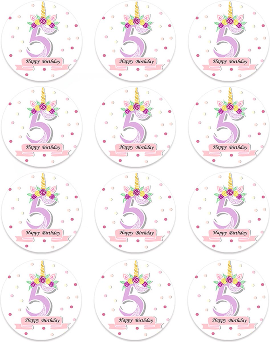 DW4Trading Sticker Happy Birthday Eenhoorn 5 Jaar - Ø 4,5 cm - 12 Stuks - Paars