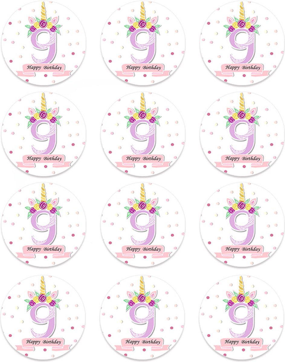 DW4Trading Sticker Happy Birthday Eenhoorn 9 Jaar - Ø 4,5 cm - 12 Stuks - Paars