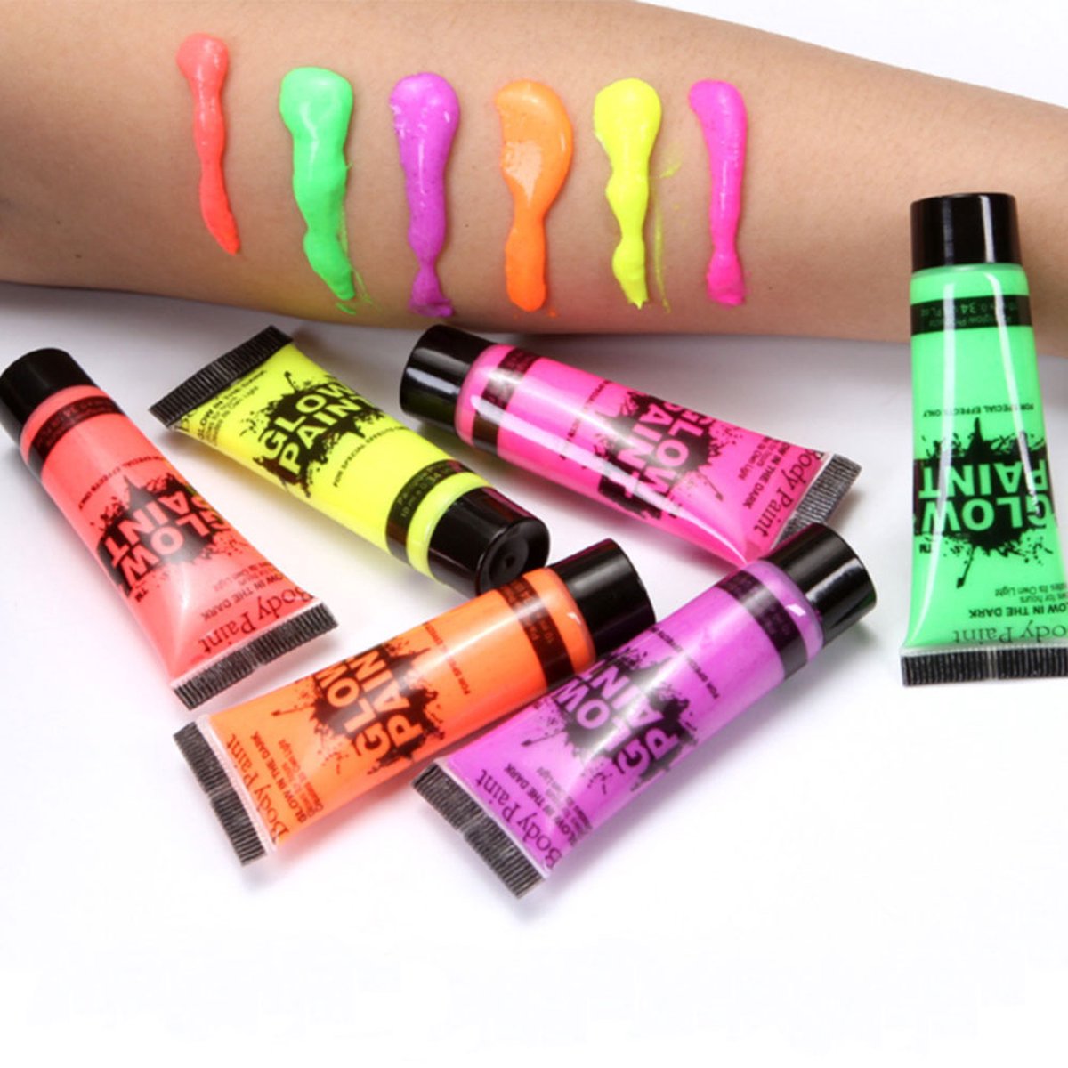 DW4Trading® Glow in the dark face & body paint tubes set 6 kleuren op waterbasis