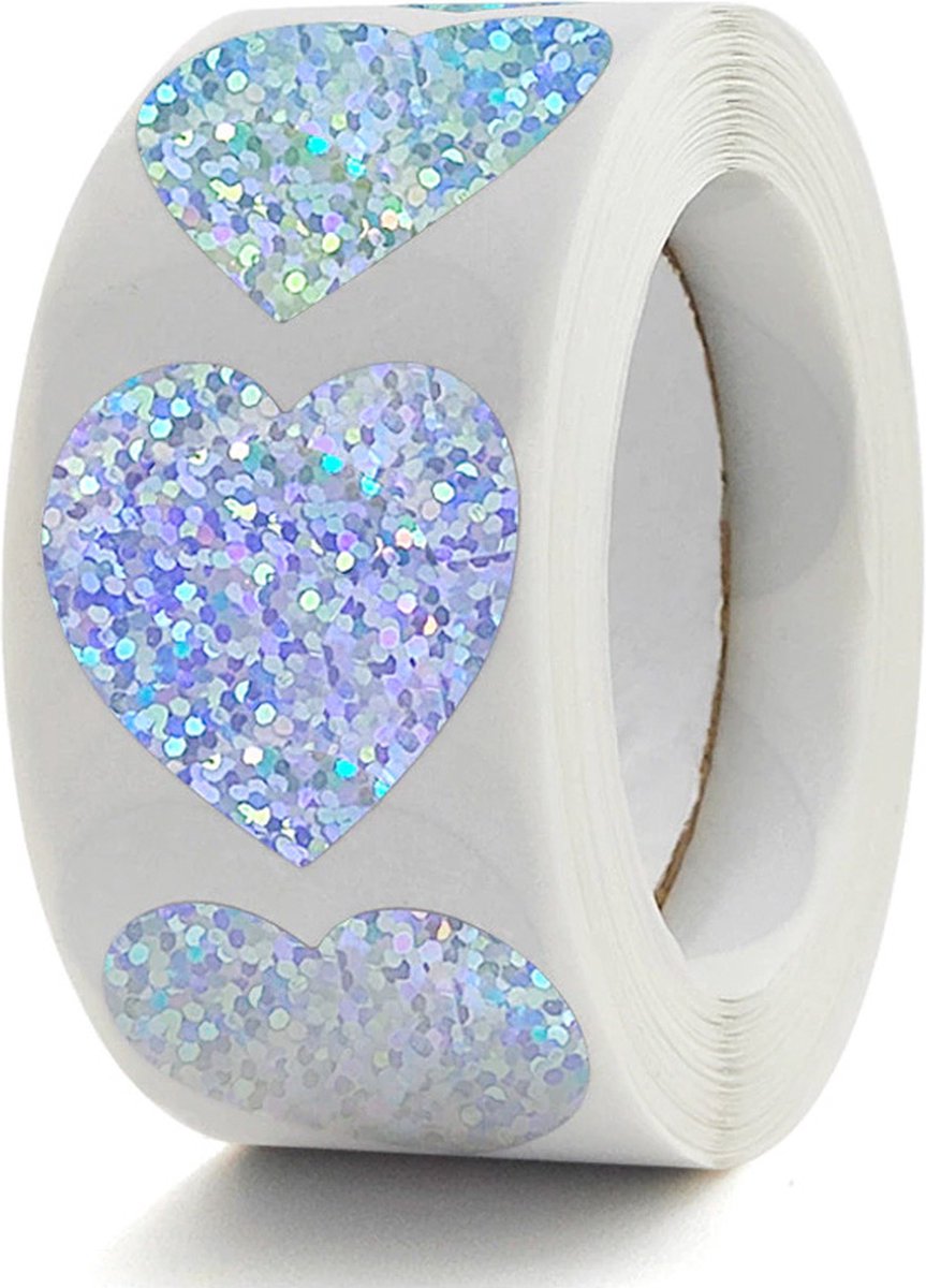 DW4Trading® Stickerrol zilver glitter hartje - sluitstickers - ø 2,5 cm - 500 stuks