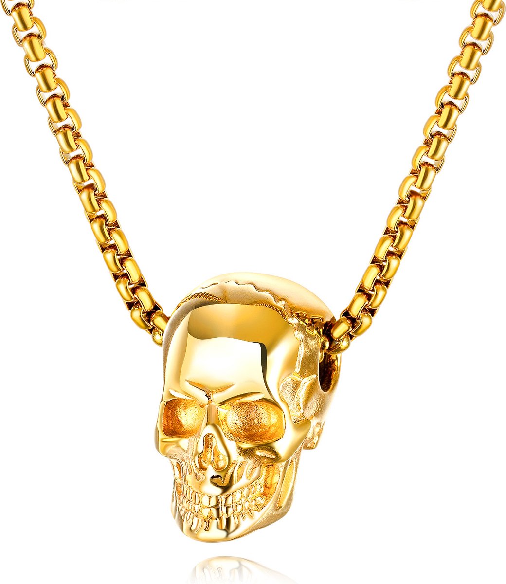 Skull bedel met ketting 60cm. Doodskop met hals ketting goudkleurig. Schedel hanger met ketting.