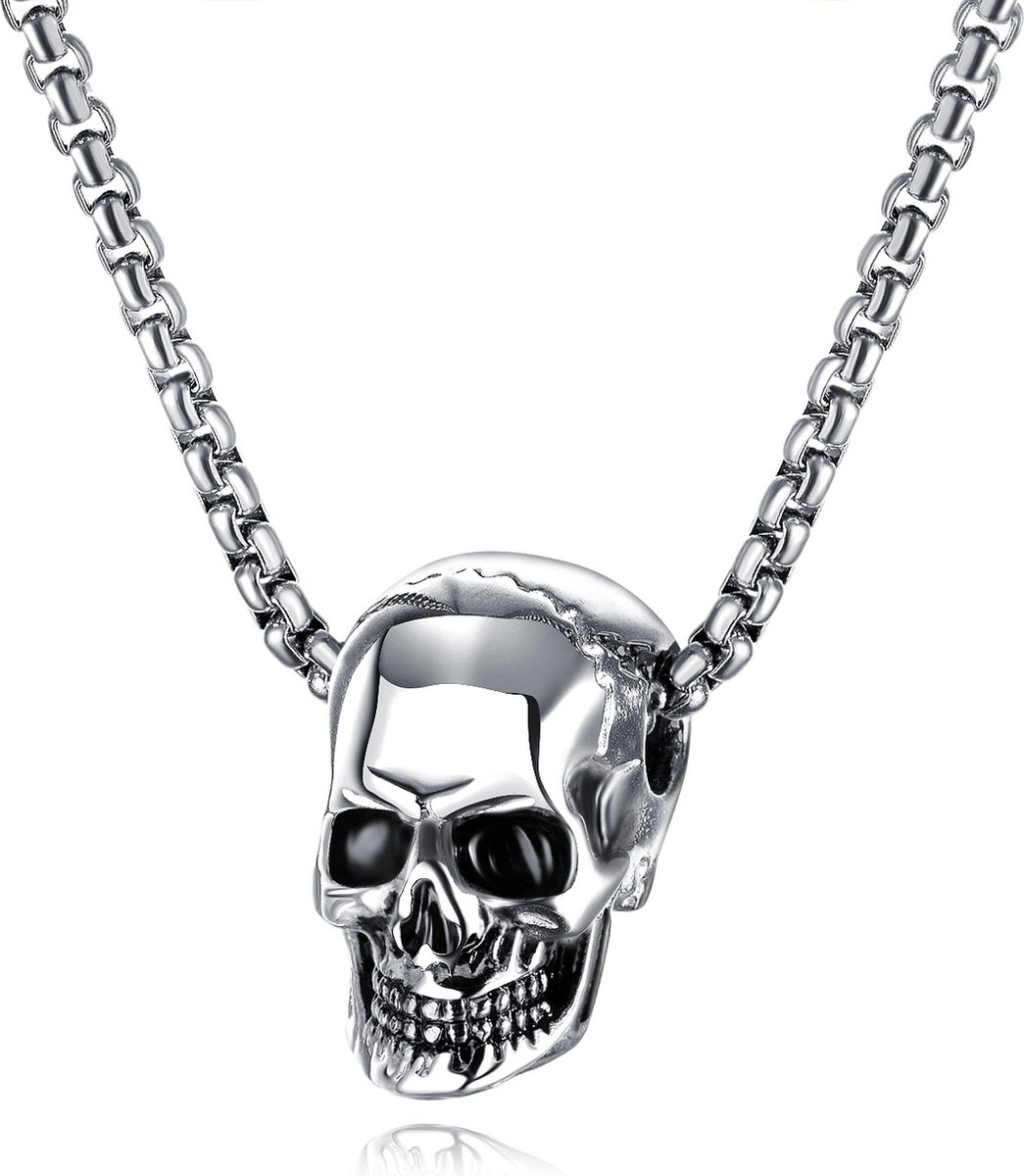 Skull bedel met ketting 60cm. Doodskop met hals ketting zilverkleurig. Schedel hanger met ketting.