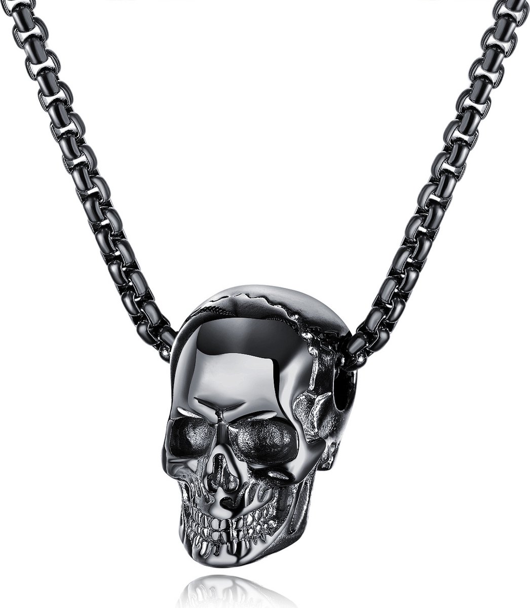 Skull bedel met ketting 60cm. Doodskop met hals ketting zwartkleurig. Schedel hanger met ketting.