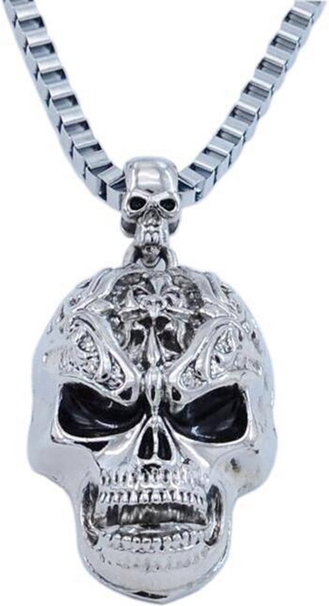 Skull bedel met ketting 60cm. Doodskop met hals ketting. Bewerkte schedel hanger met ketting.