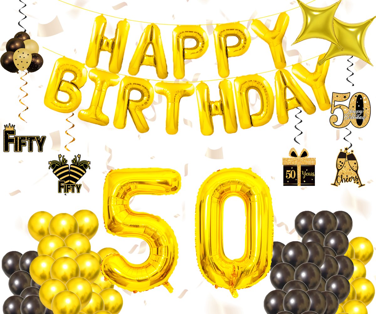 Daily Essentialz 50 Jaar Versiering - 50 Jaar - 50 Jaar Abraham Versiering - 50 jaar Sarah Versiering - 50 Jaar Verjaardag - 50 Jaar Ballonnen - 50 Jaar Slingers - 50 Jaar Vlaggenlijn - Happy Birthday Slinger Goud