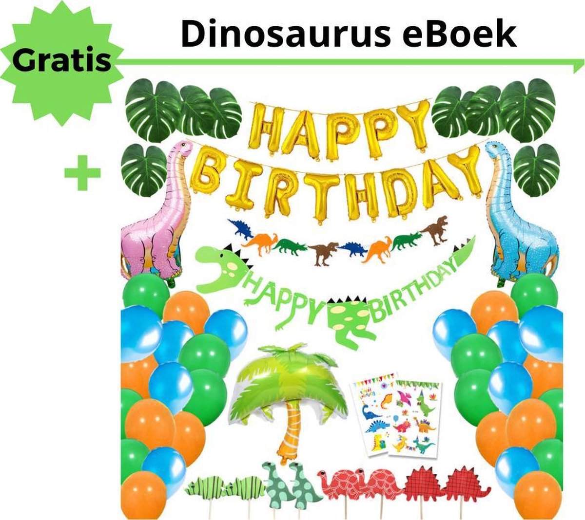 Daily Essentialz – Dinosaurus Versiering – Dinosaurus Verjaardag – Jungle Decoratie – Dinosaurus Speelgoed – Kinderfeestje – Ballonnen Decoratie – 72 Delig XXL – Gratis eBoek