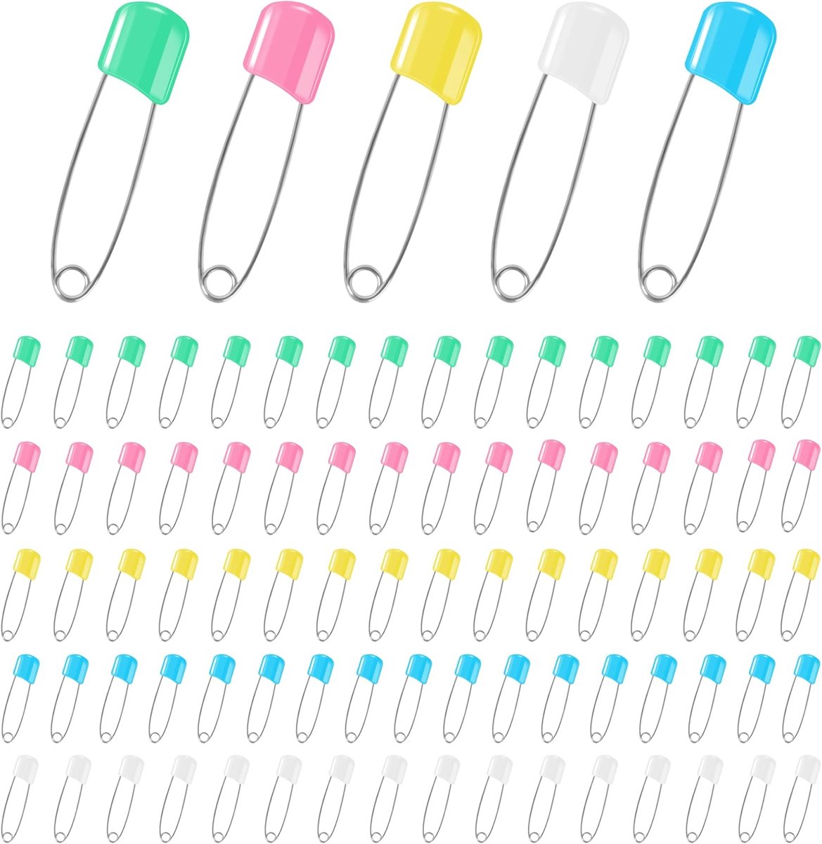   100 Pack - Veiligheidsspelden van roestvrij staal, 2,2 inch kindveilige spelden, veiligheidsspelden met kunststof punt, grote spelden met sluitklemmen, 5 kleuren