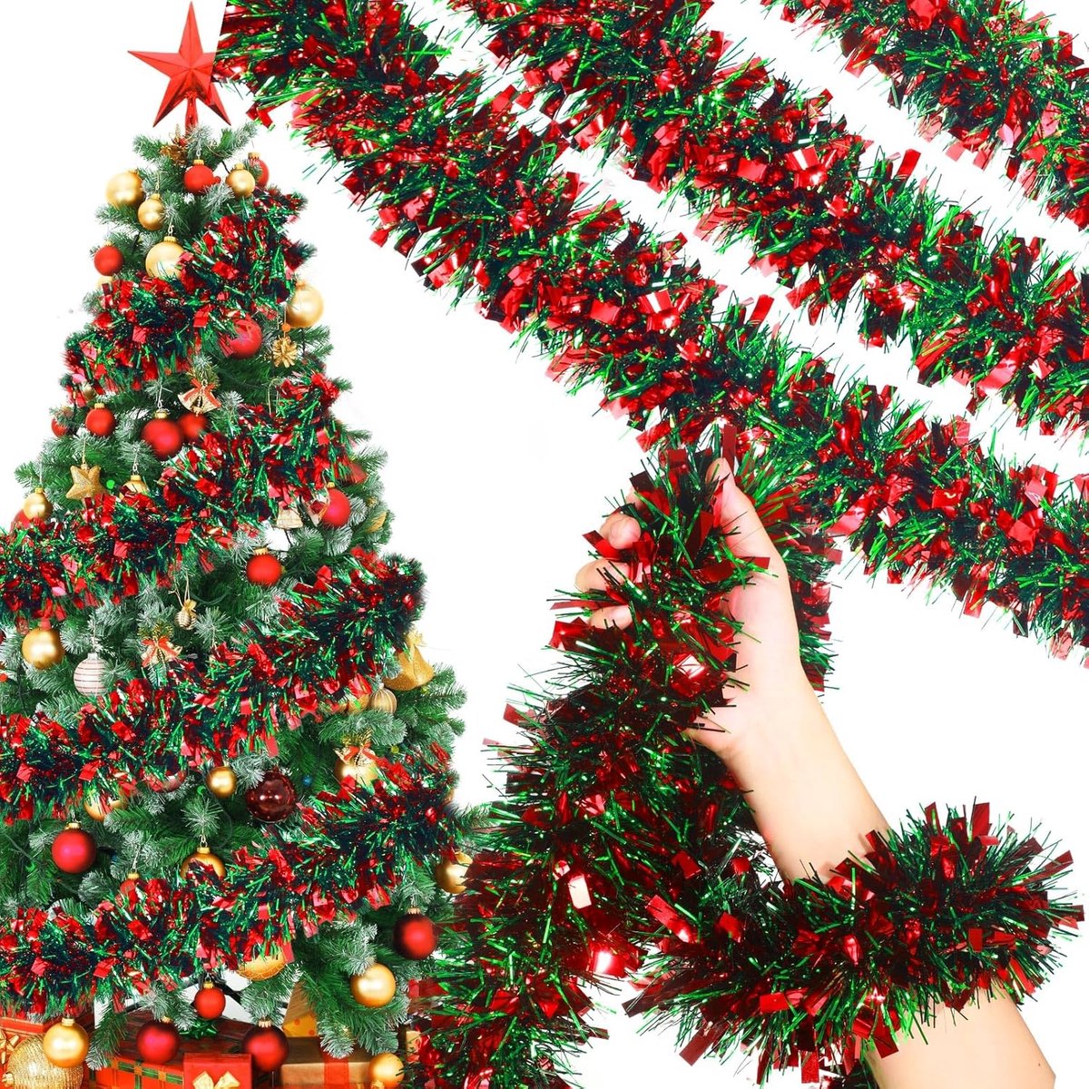   4m - Kerstdecoratie, kerstversiering met kerstversiering, hangende kerstversiering in de vorm van een kerstboom met glitter, geschikt voor binnen- en buitendecoratie als trapleuning (rood en groen, 4m)