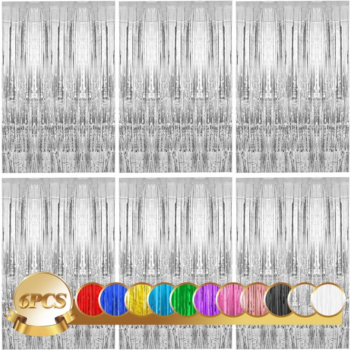   6 stuks- Deurgordijn, glittergordijnen met kwastjes，Achtergrond Glittergordijn， voor verjaardagen, feestdecoraties (zilver，1 x 2m)