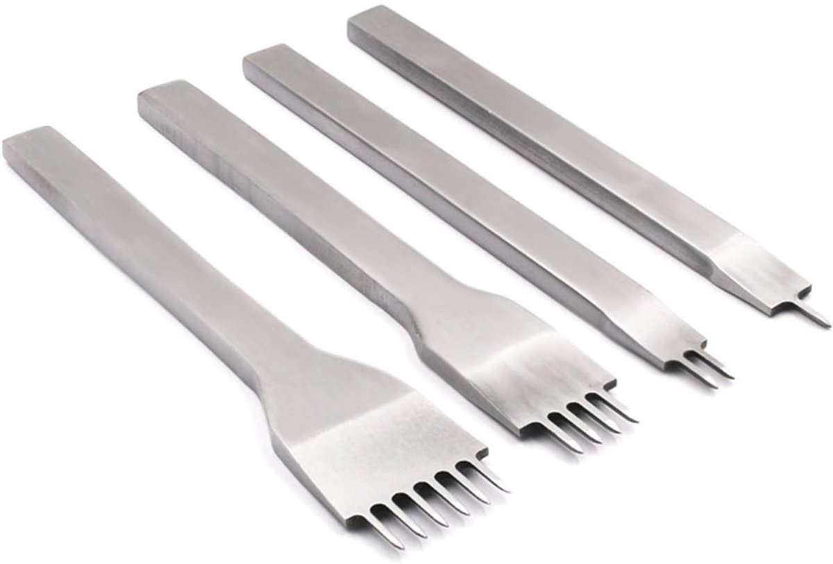   Set van 4 stuks - roestvrijstalen draadpons, steekbeitelpons, scherpe ijzeren gereedschapsset voor leerbewerking, doe-het-zelf handwerk (4 mm)