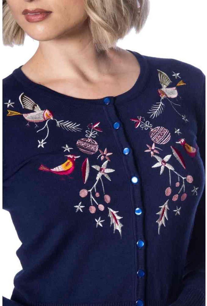 Dancing Days Cardigan -L- CHRISTMAS BIRD EMBRIODERY Blauw