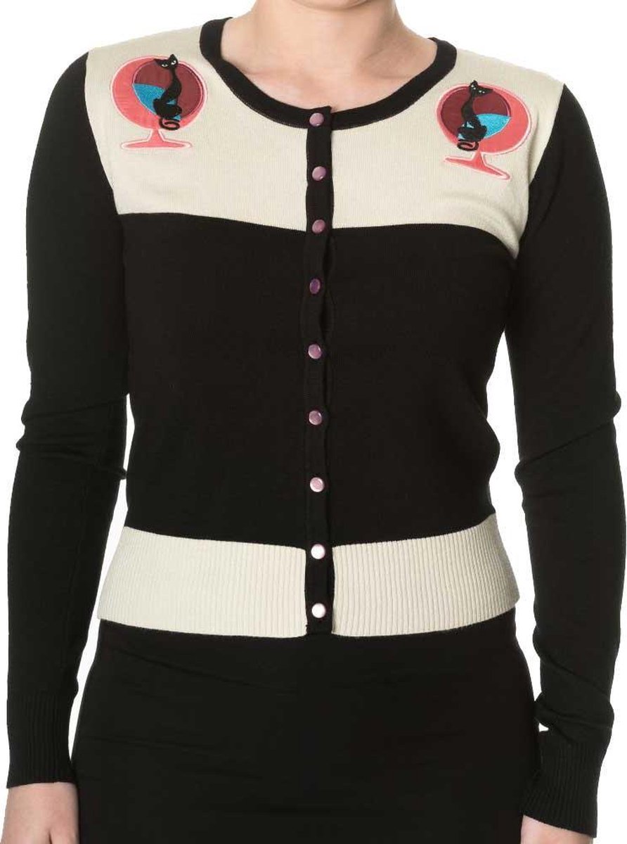 Dancing Days Cardigan -M- Retro Cat Zwart/Creme