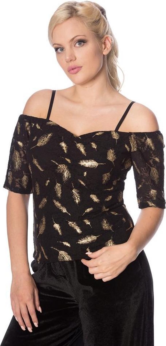 Dancing Days Top -M- SPARKLE FEATHER Off shoulder Zwart/Goudkleurig