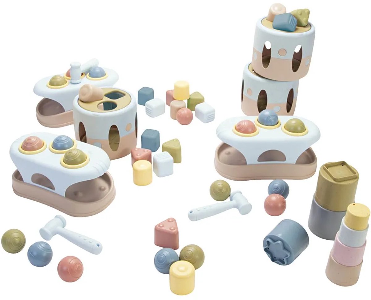   BIO Hamerbank Set - 3x Hamerbank + 3x Sorteerdoos + 1x stapeltoren - Duurzaam speelgoed voor peuters