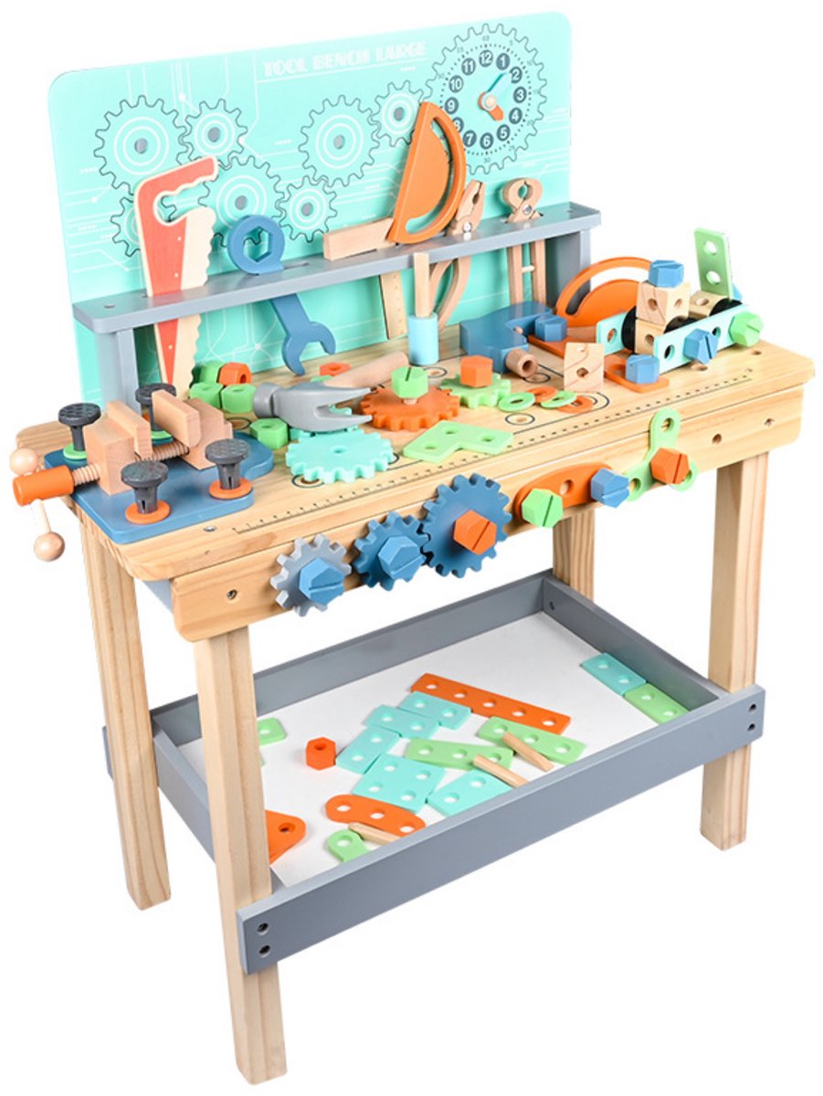   Kids - Houten Speelgoed Werkbank - Inclusief Speelgoed Gereedschap en Bouwmaterialen
