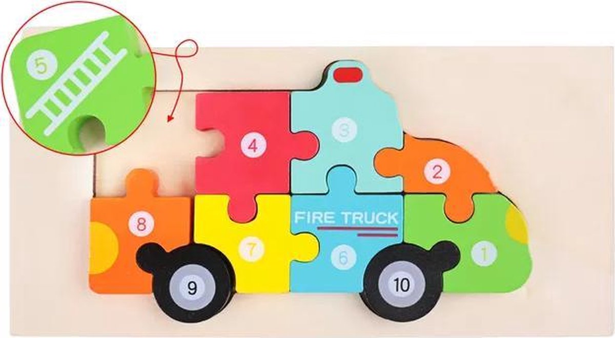 Kinderpuzzel - Hout - 10 stukjes - Brandweerauto