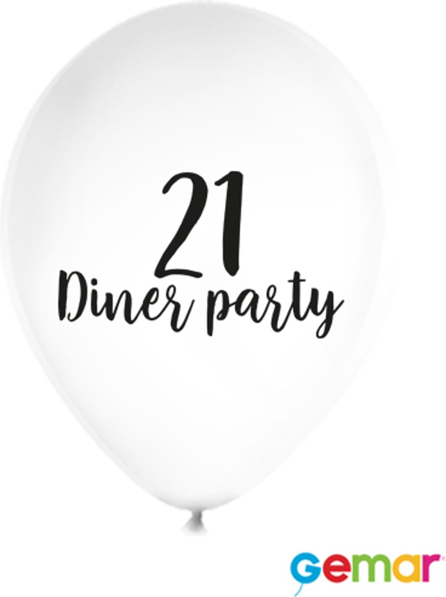 Ballonnen “21 Diner party” Wit met opdruk Zwart