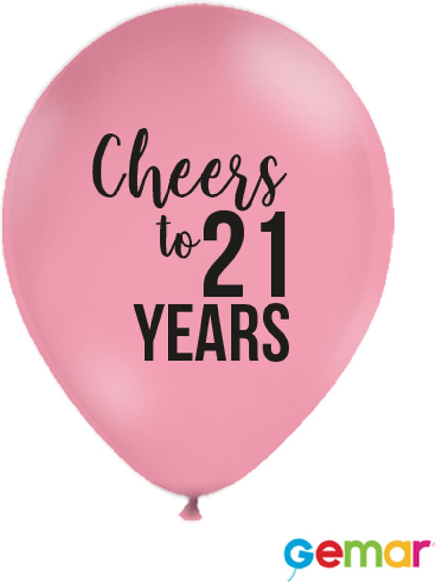 Ballonnen “Cheers to 21 Years” Pink met opdruk Zwart