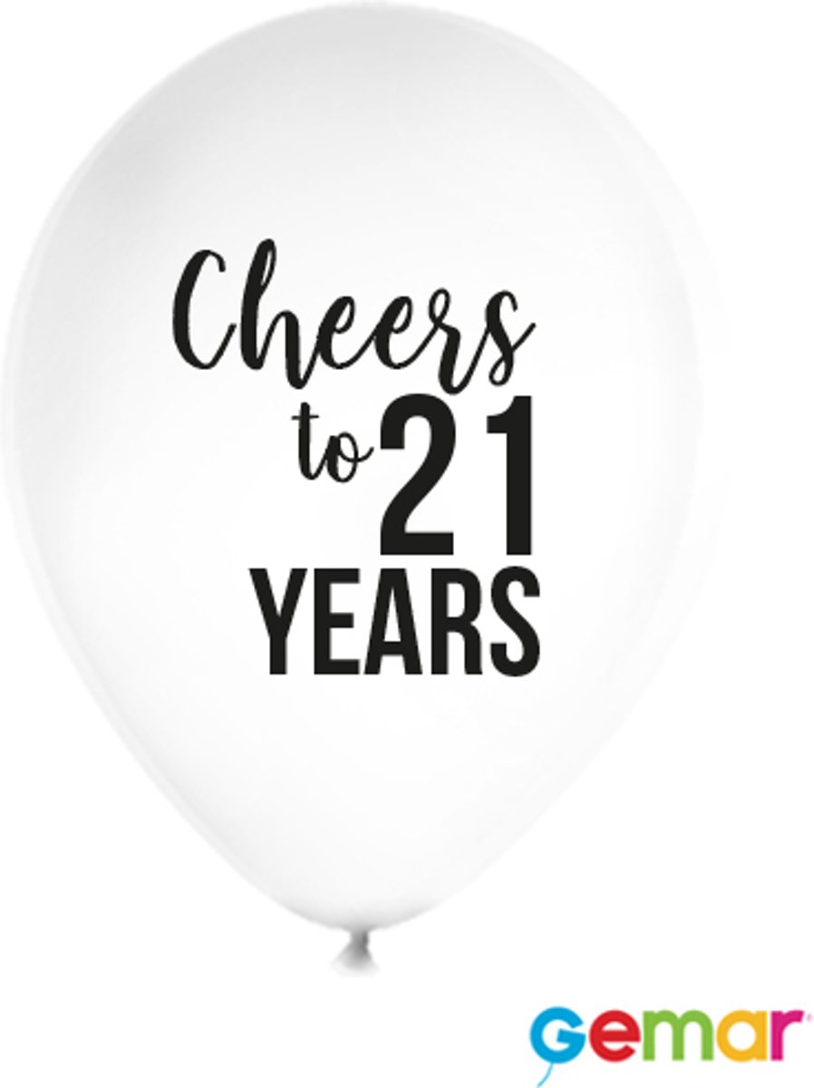 Ballonnen “Cheers to 21 Years” Wit met opdruk Zwart