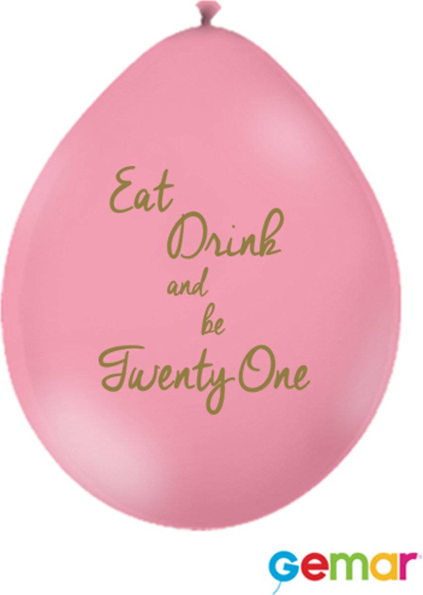 Ballonnen “Eat drink and be 21” Pink met opdruk Goud (lucht)