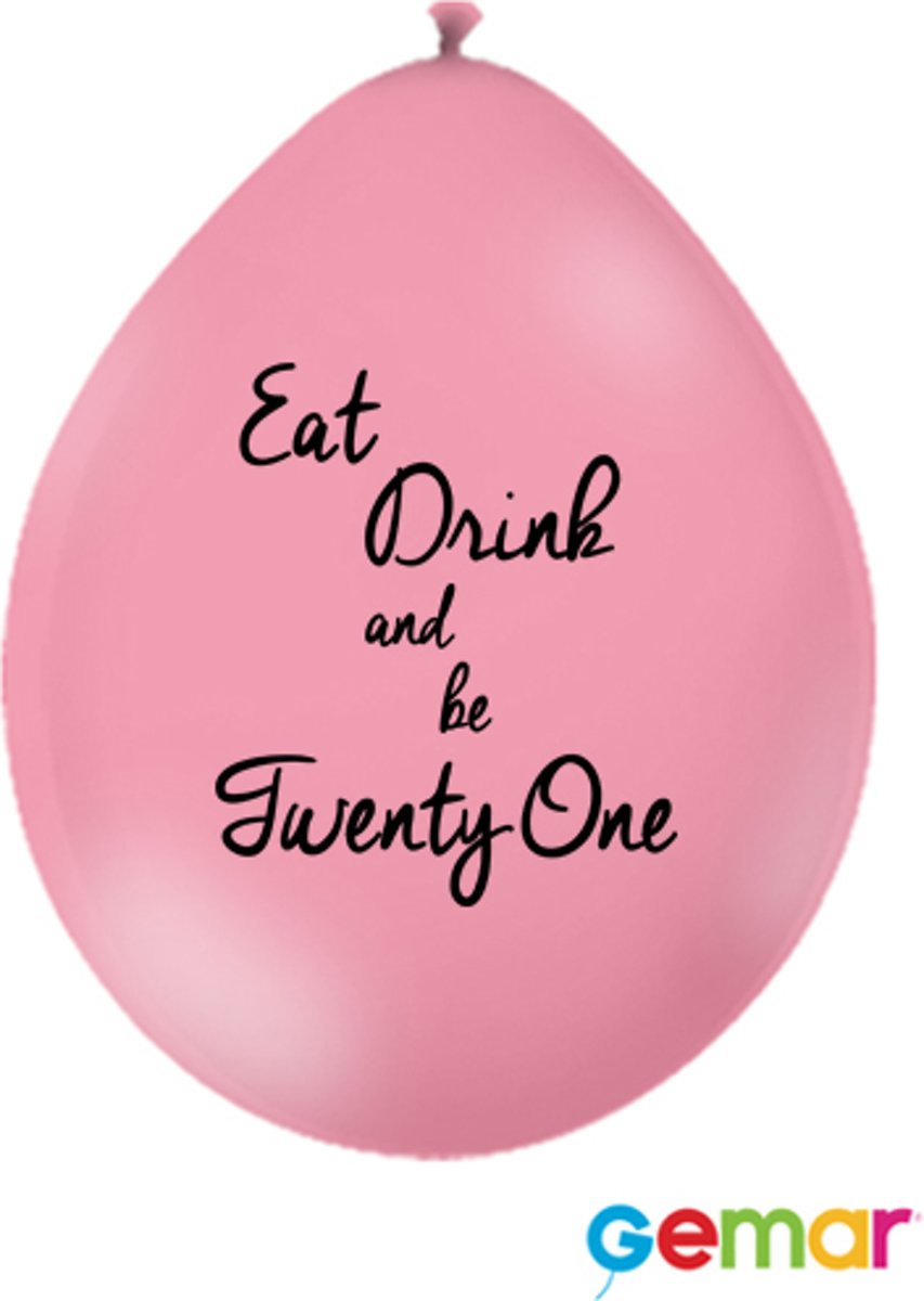 Ballonnen “Eat drink and be 21” Pink met opdruk Zwart (lucht)