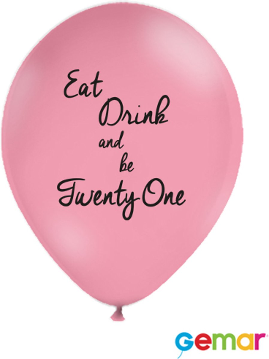 Ballonnen “Eat drink and be 21” Pink met opdruk Zwart