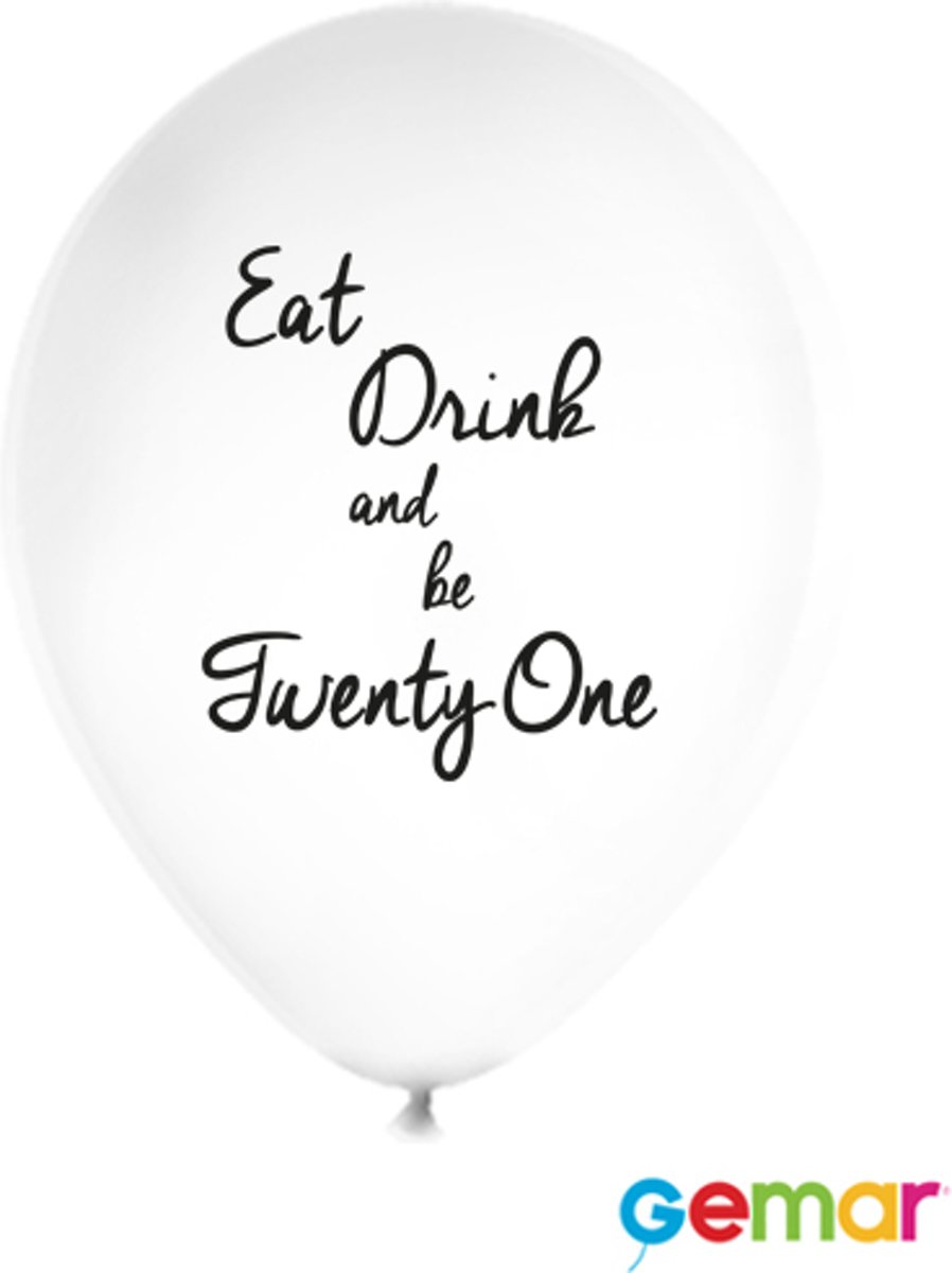 Ballonnen “Eat drink and be 21” Wit met opdruk Zwart