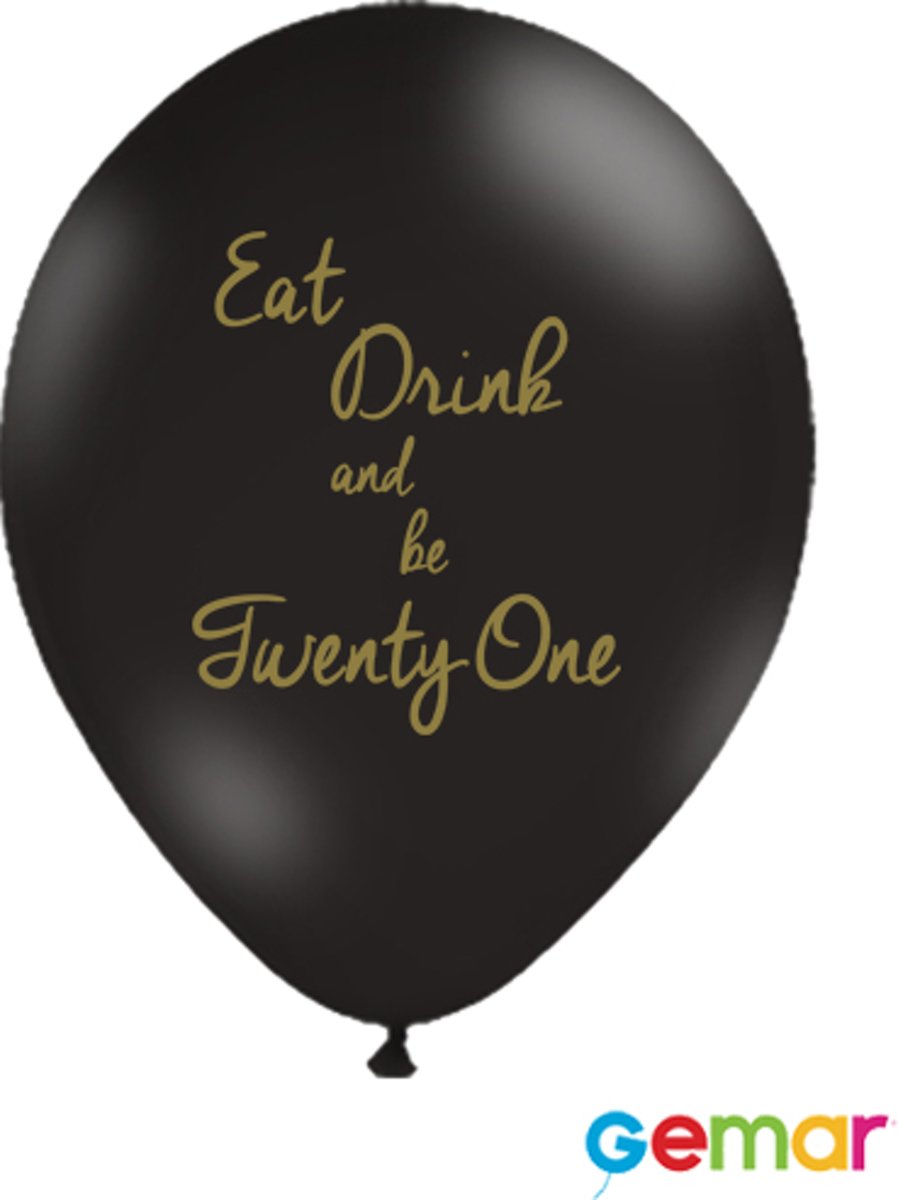 Ballonnen “Eat drink and be 21” Zwart met opdruk Goud