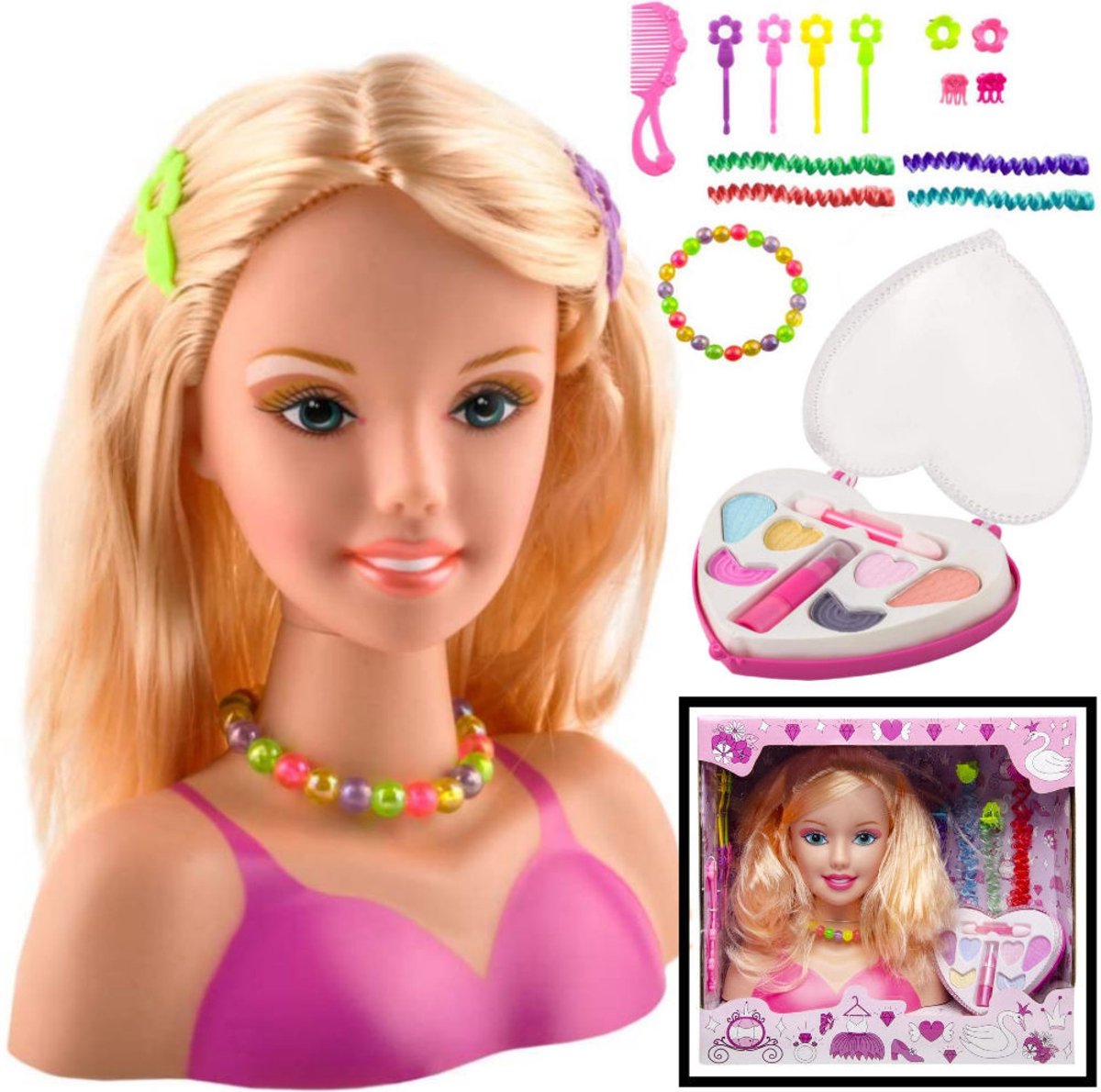   Speelgoed   - Sminkpop met make up voor Kinderen - Makeup pop - Kappop - Schminkpop voor Meisjes - Stylinghoofd - Blond Haar - Opmaakpop - Kapkop met haar accessoires en make-up -   voor Meisjes