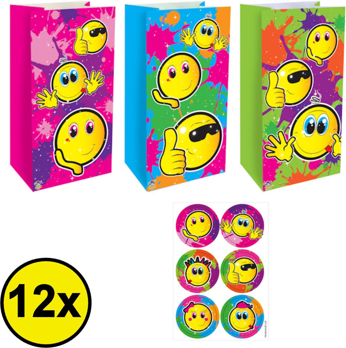 Decopatent® 12 STUKS Traktatie Uitdeel papieren zakjes - Inclusief Stickers - SMILEY - Vrolijke Gezichten - Tasjes - Traktatiezakjes voor uitdeelcadeautjes - Kinderfeestje - 13x8x25 Cm