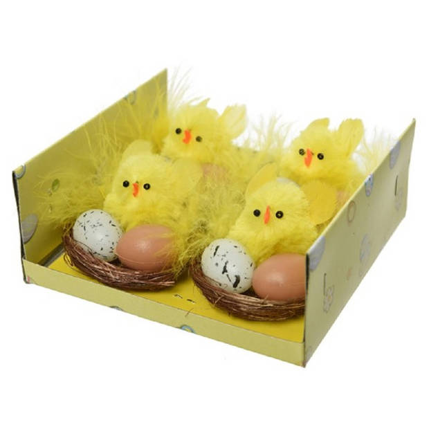 Kuikentjes - geel - mini - 4stuks - in nest met ei 5 cm - Paaskuiken - Feestdecoratievoorwerp