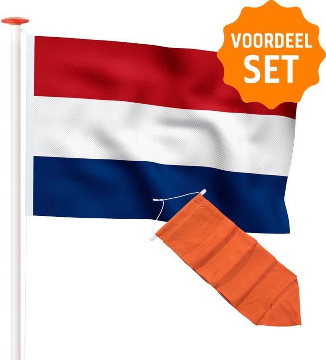 Nederlandse vlag/ vlag Nederland 200 x 300 cm Marineblauw + oranje wimpel 350 cm. Actieset geschikt voor een mast van 7 of 8 meter: