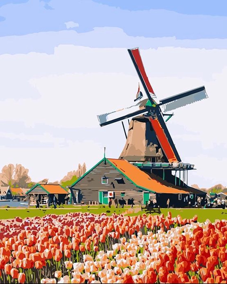 Delki® Windmolen Met Tulpen Schilderen Op Nummer Volwassenen - 40x50 cm - Houten Penselen - Met Frame