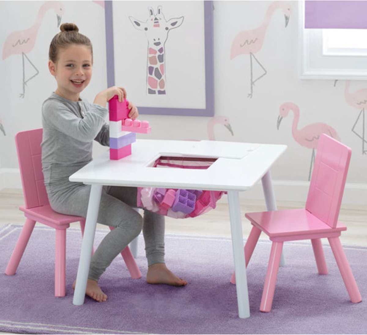   Children - Kindertafel met 2 Stoelen - Kinderkamer - Handig Opbergvak - Roze/Wit