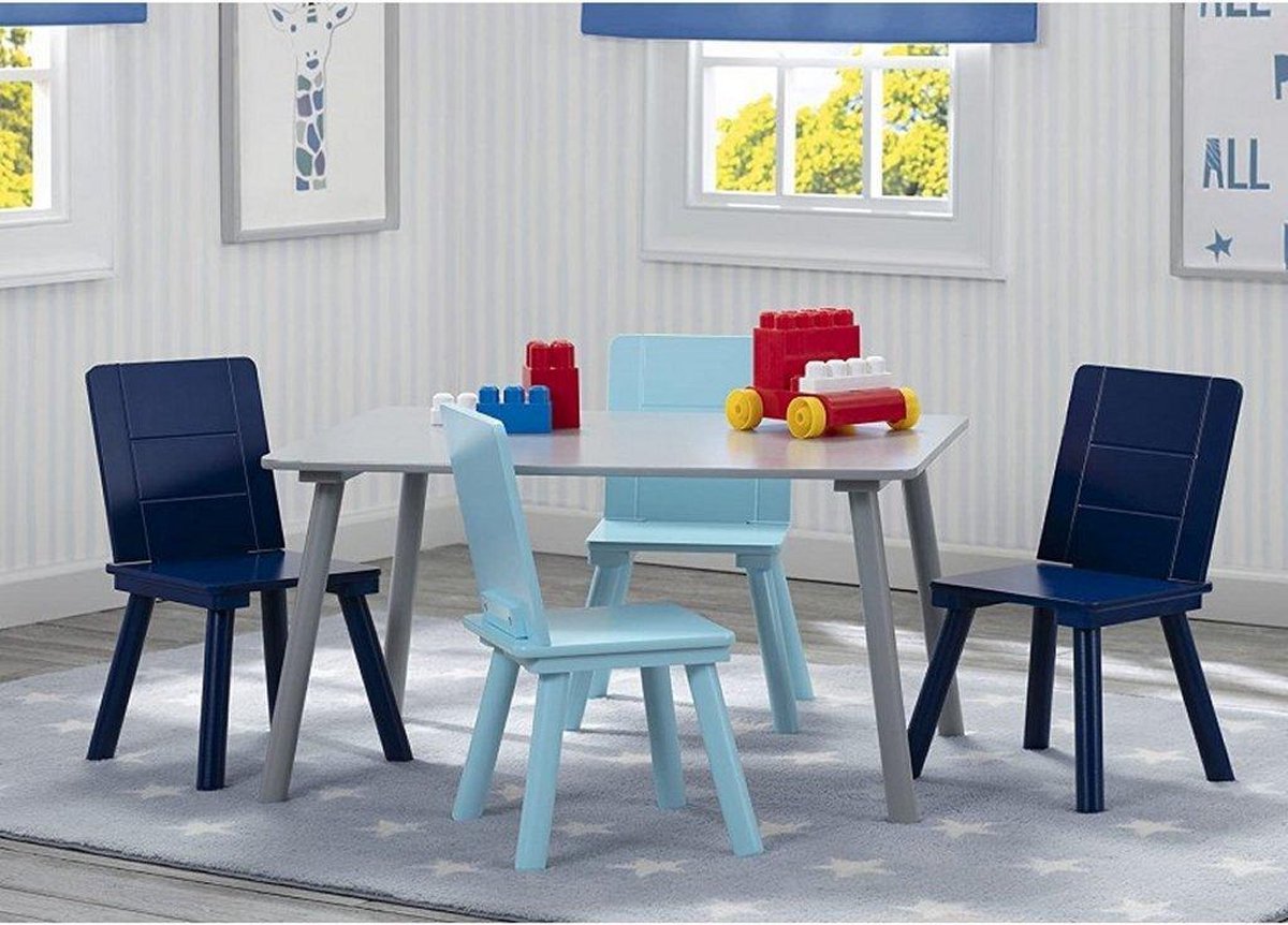   Children - Kindertafel met 4 Stoelen - Kinderkamer - Duurzaam Hout - Grijs/Blauw