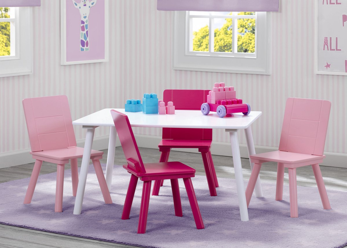   Children - Kindertafel met 4 Stoelen - Kinderkamer - Duurzaam Hout - Wit/Roze