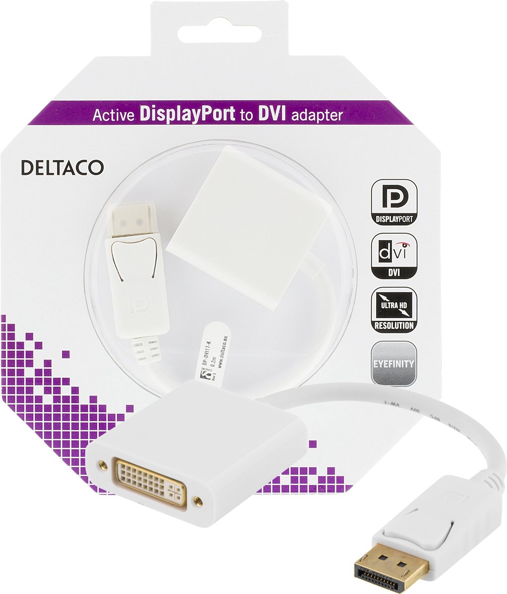 DELTACO DP-DVI17-K - DisplayPort naar DVI-D Single Link-adapter, 10,8 Gb/s - wit