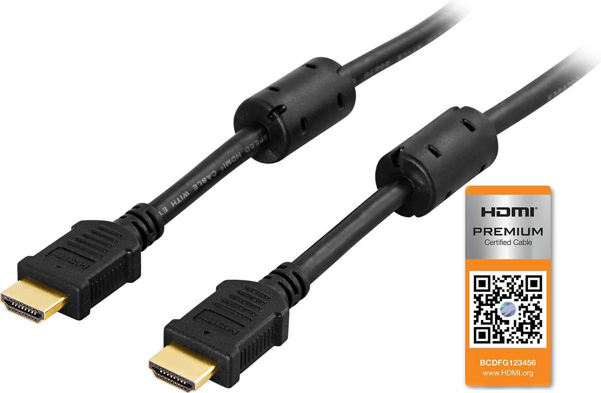 DELTACO HDMI-1010, Premium High Speed HDMI met Ethernet, 3D, 4K, Ultra HD 60Hz, vergulde connectoren, mannelijk-mannelijk, 1m