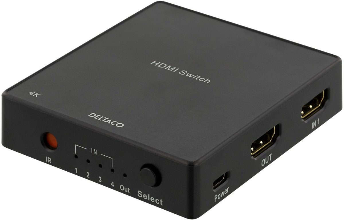 DELTACO HDMI-5001, HDMI-schakelaar met afstandsbediening, 4 bronnen, 4K-ondersteuning, HDCP 1.4, zwart