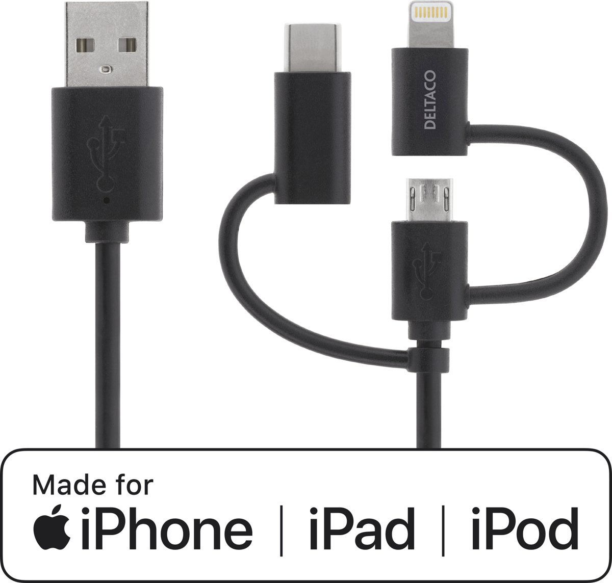 DELTACO IPLH-156 Drie-in-één oplaad- en synchronisatiekabel MFi - Micro USB, USB-C, Lightning - 2 meter - zwart