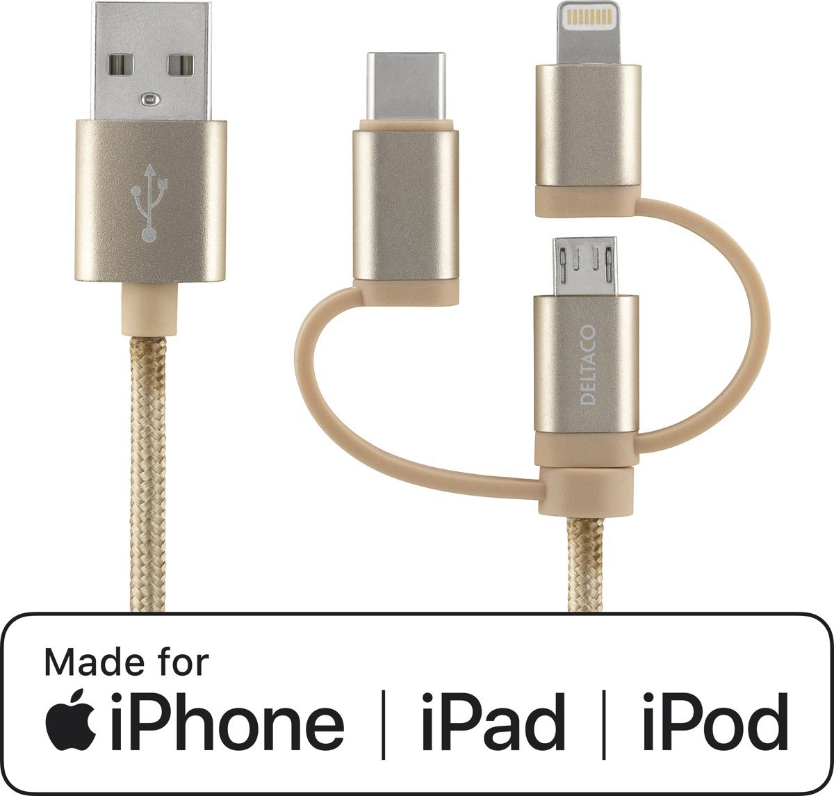 DELTACO IPLH-596 Drie-in-één oplaad- en synchronisatiekabel MFi - Micro USB, USB-C, Lightning - 1 meter - goud