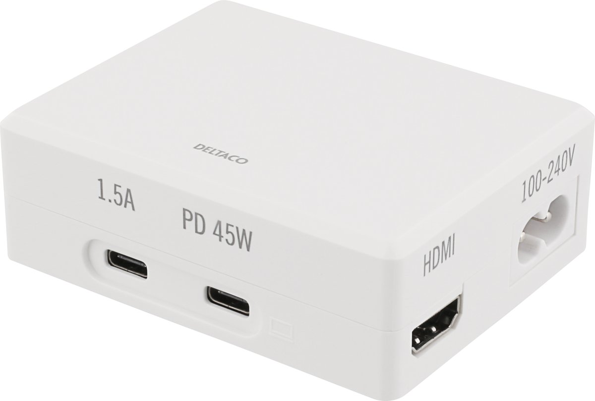 DELTACO USBC-1288 - USB-C Power Hub Docking Station, 45W USB-C PD, 4K HDMI, USB 3.1 Gen 1 - wit