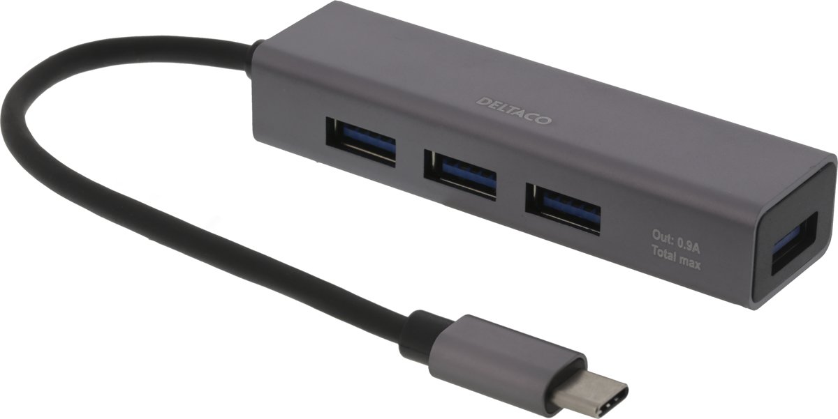 DELTACO USBC-HUB11 Mini USB-C hub 4 USB poorten - USB 3.1 Gen 1 (5Gbps) - Space Grey