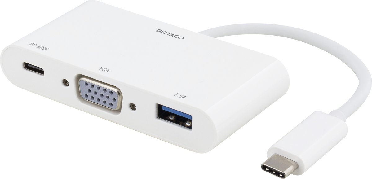 DELTACO USBC-VGA4, USB-C Docking Station, 60 W USB-C PD, 1.5A USB-A, VGA, Wit