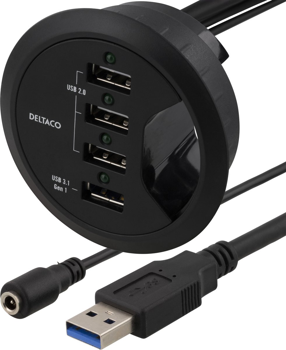 DELTACO VR-815, In-Desk USB HUB, 4 poort USB HUB voor montage in het kabelgat van bureaus voor synchroniseren en opladen (max. 2.4A), 1 x USB 3.1 3x USB 2.0, excl. voeding