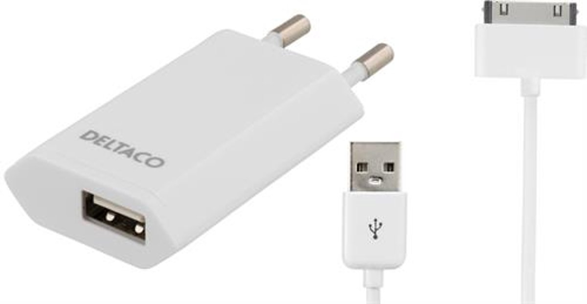 Deltaco USB-AC-30M Oplaad en synchronisatie kit 1 meter Apple 30-pin USB kabel en USB Stekker Wit