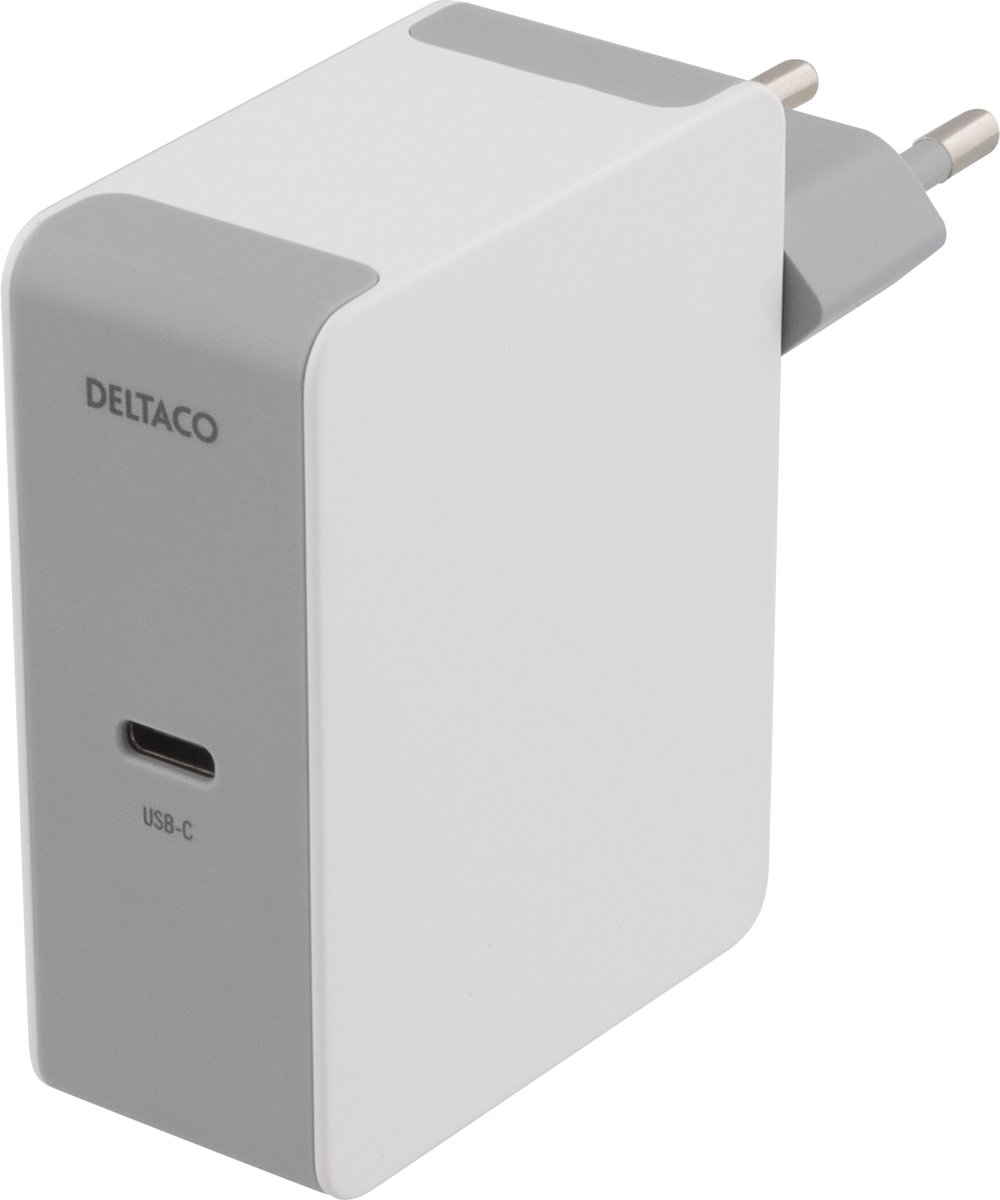 Deltaco USBC-AC116 230V USB-C oplader met 1 USB-C poort met ondersteuning voor iPhone 8 en iPhone X fastcharge snelladen, laptop, macbook en Chromebooks maximaal 60W output wit